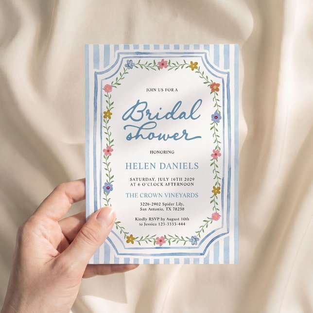 Invitation de mariage fleurie rayée bleue pour une (Créateur téléchargé)