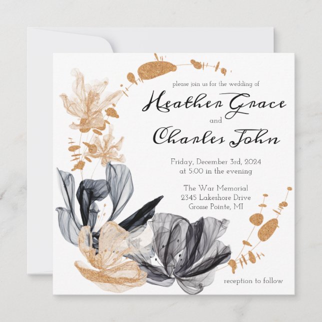 Invitation de mariage Fleurs de fumée Noir et Or (Devant)
