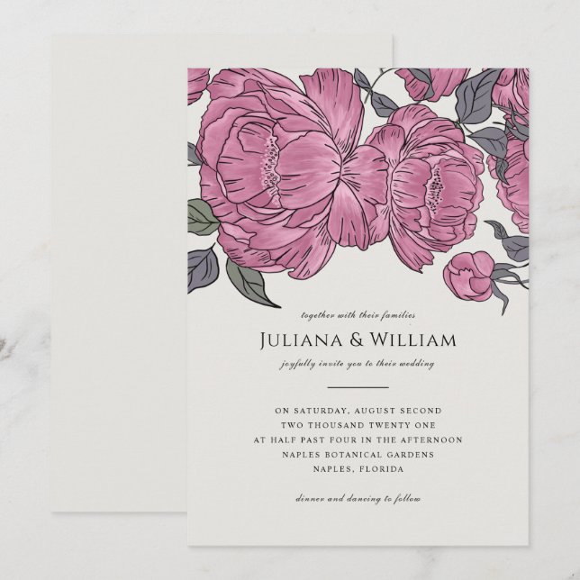 Invitation de mariage Fleurs de Pivoines Vintage (Devant / Derrière)