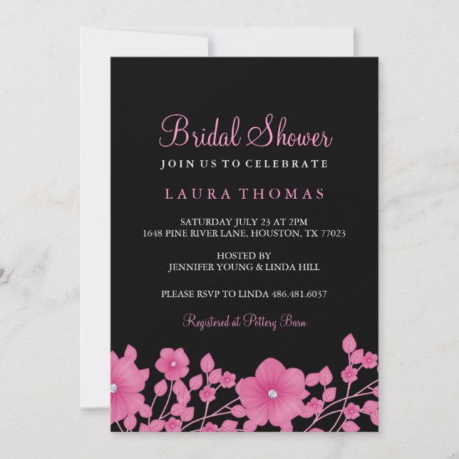 Invitation de mariage Fleurs Diamant Rose et Noir (Devant)
