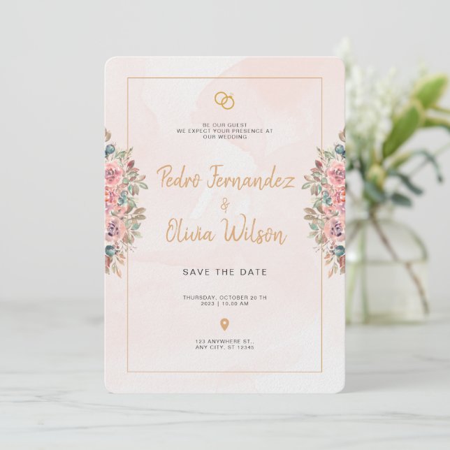Invitation de mariage fleurs minimaliste rose simp (Debout devant)