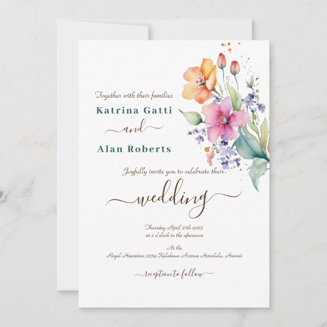 Invitation de mariage Fleurs roses pêche jaune (Devant)