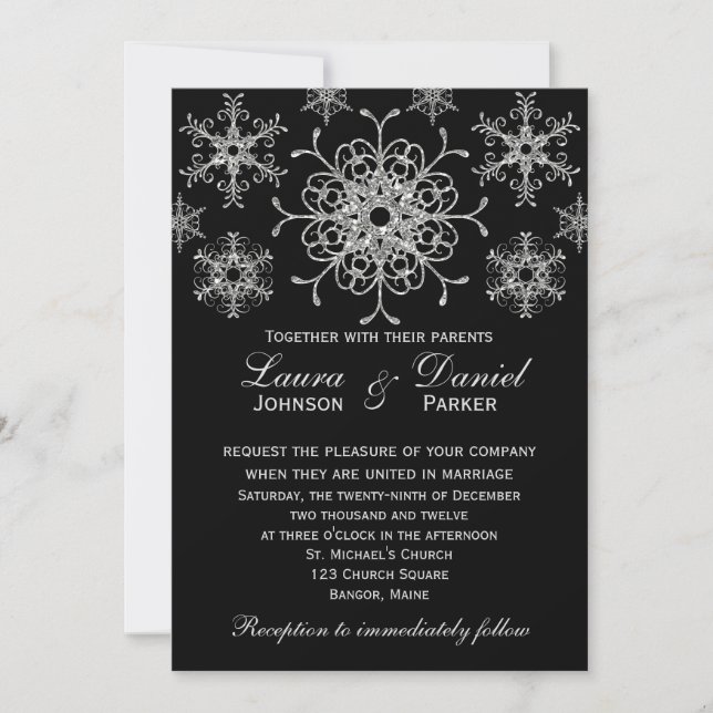 Invitation de mariage Flocons de neige à paillette (Devant)