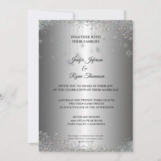 Invitation de mariage flocons de neige pailletés a (Devant)