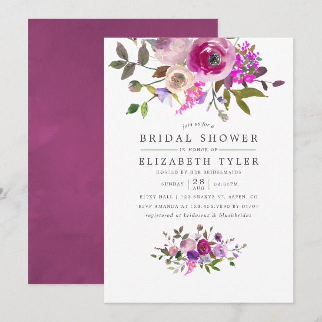 Invitation de mariage floral à l'aquarelle tendanc (Devant / Derrière)