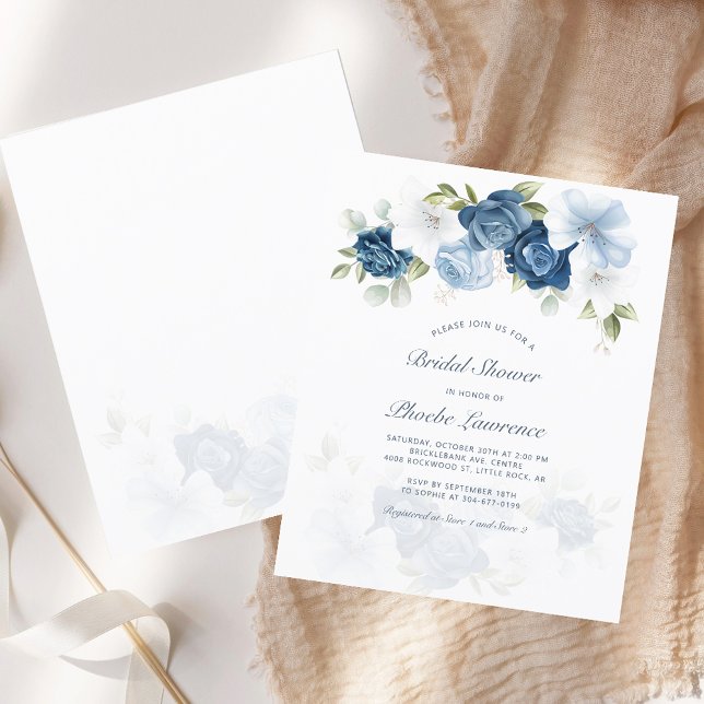 Invitation de mariage floral à petit budget (Dusty Blue Floral Watercolor Script Bridal Shower Budget Invitation)