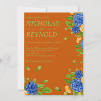 Invitation de mariage Floral Aquarelle Bleu & Oran