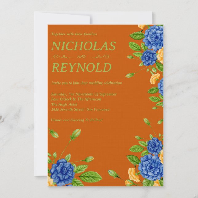 Invitation de mariage Floral Aquarelle Bleu & Oran (Devant)