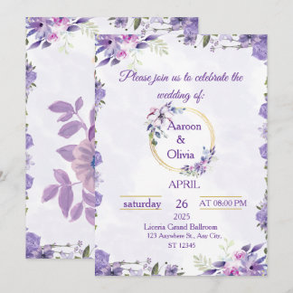 Invitation de mariage floral aquarelle or violet é