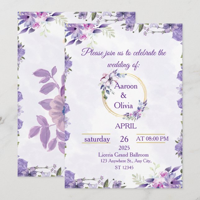 Invitation de mariage floral aquarelle or violet é (Devant / Derrière)