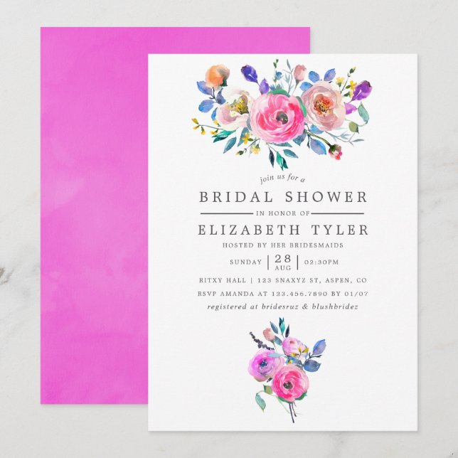 Invitation de mariage floral aquarelle rose chaud (Devant / Derrière)