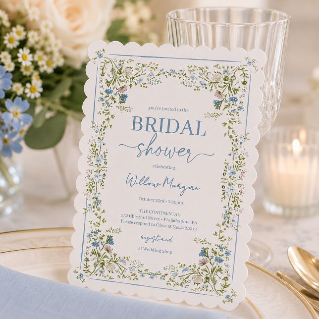 Invitation de mariage floral bleu botanique vintag (Créateur téléchargé)