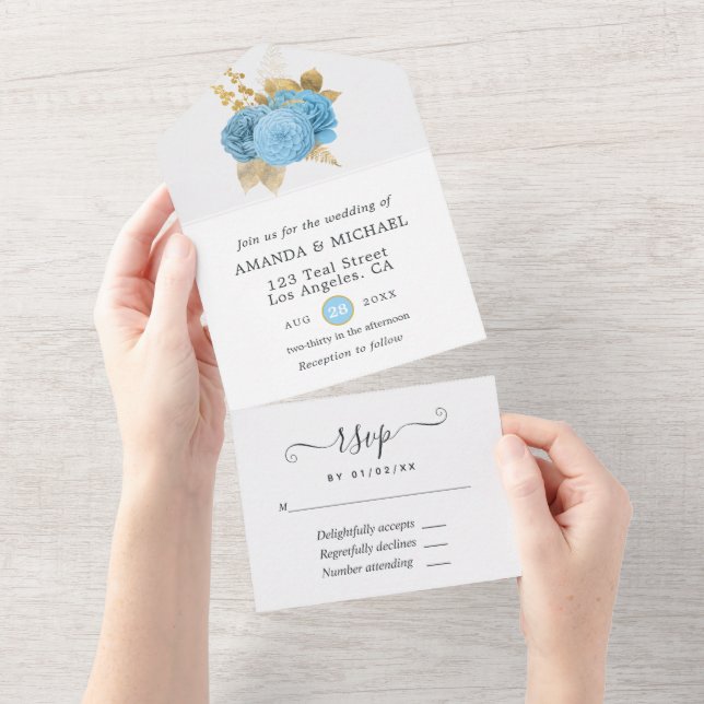 Invitation de mariage floral bleu pastel et or tou (Déchirure)