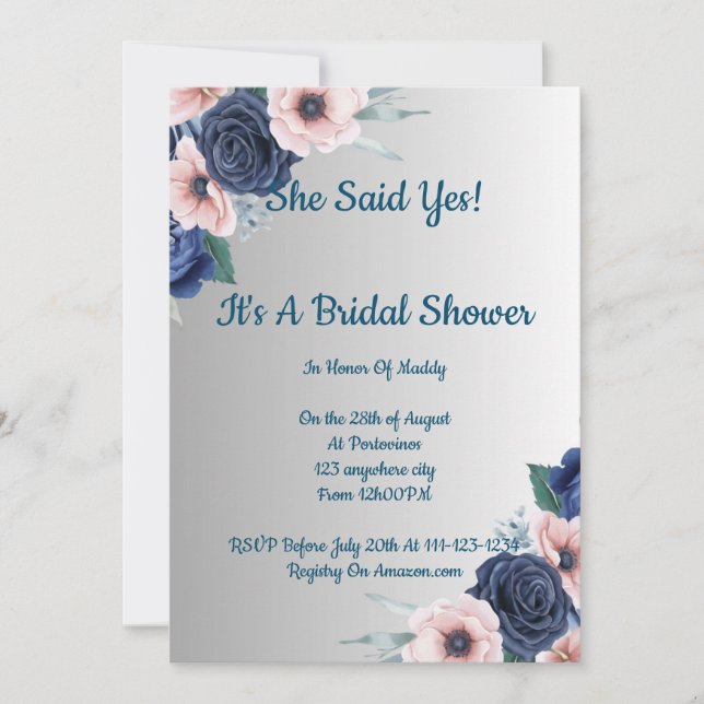 Invitation de mariage floral bleu rose  (Devant)