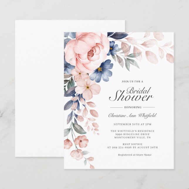 Invitation de mariage floral bleu rose budget (Devant / Derrière)