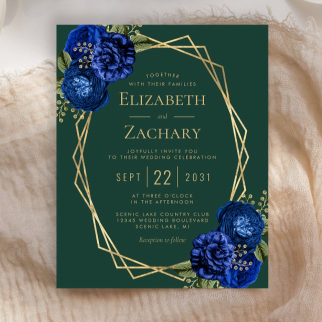 Invitation de mariage floral bleu royal émeraude v (Créateur téléchargé)
