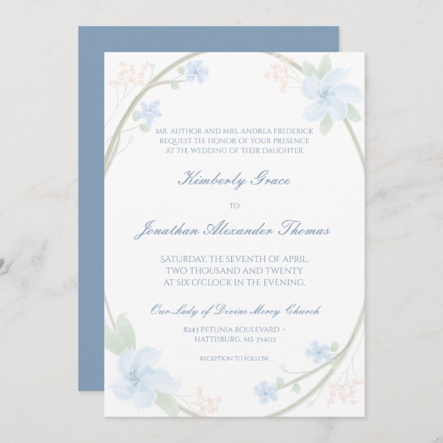 Invitation de Mariage Floral Blue (Devant / Derrière)