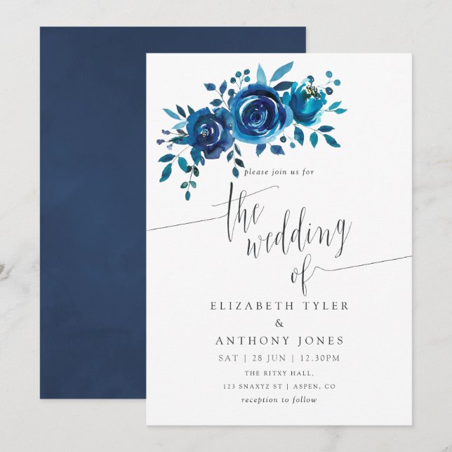 Invitation de mariage floral marine et blanc (Devant / Derrière)