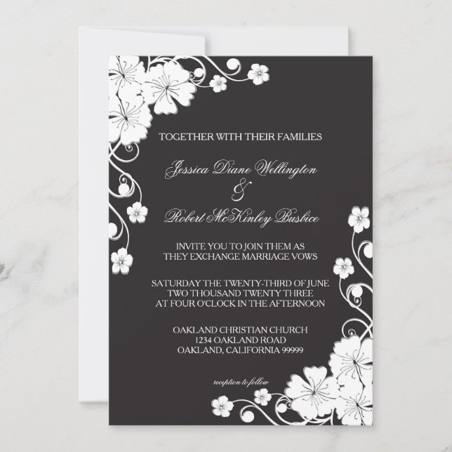 Invitation de mariage - Floral Noir & Blanc (Devant)