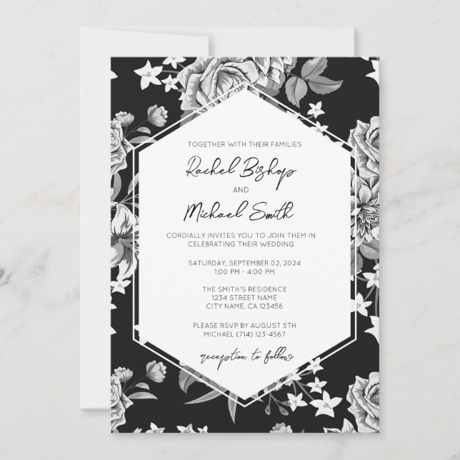 Invitation de mariage floral noir et blanc intempo (Devant)