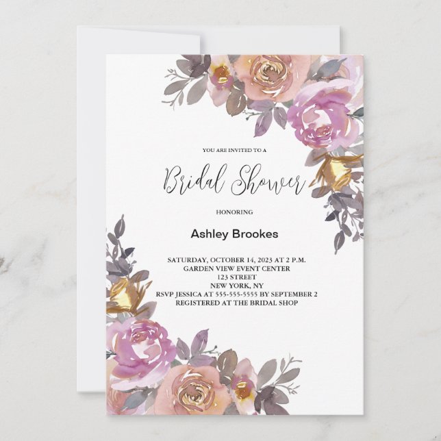 Invitation de mariage floral or rose (Devant)