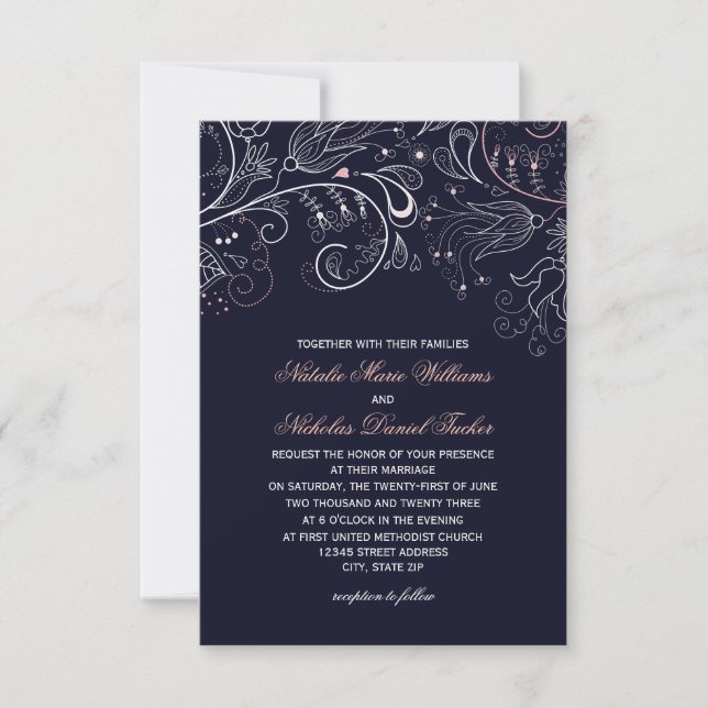 Invitation de mariage Floral Pattern Navy Tulip -  (Devant)