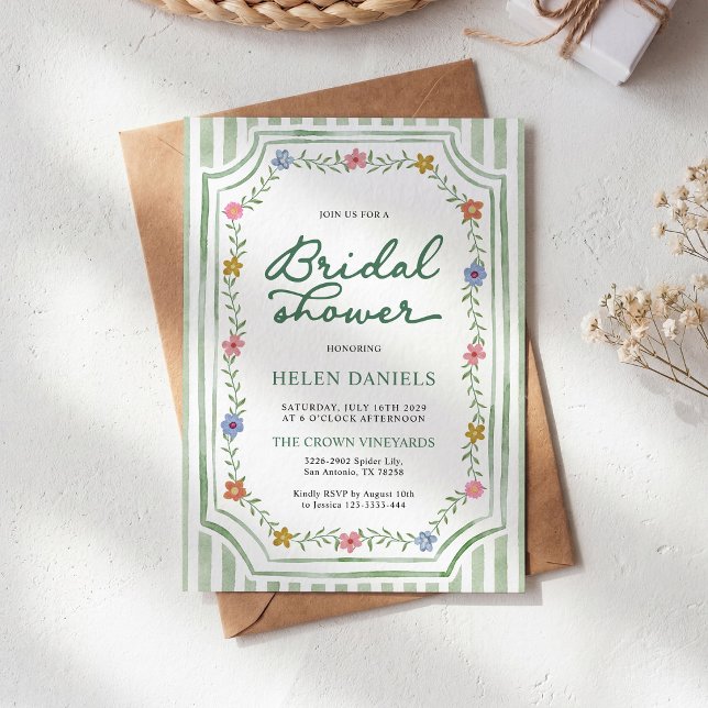Invitation de mariage floral rayé vert pour une fê (Créateur téléchargé)