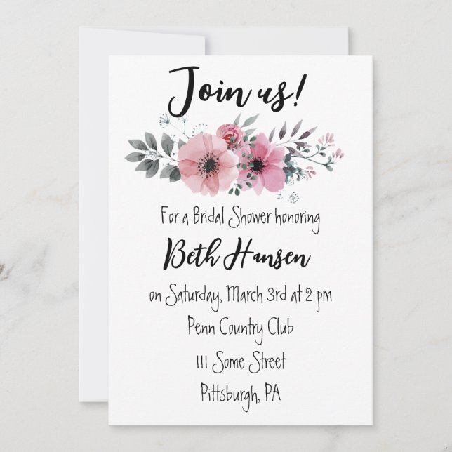 Invitation de mariage floral rose (Devant)