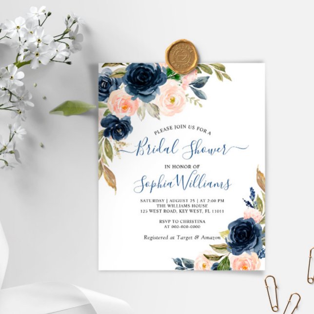 Invitation de mariage floral rose et Navy à petit  (Créateur téléchargé)