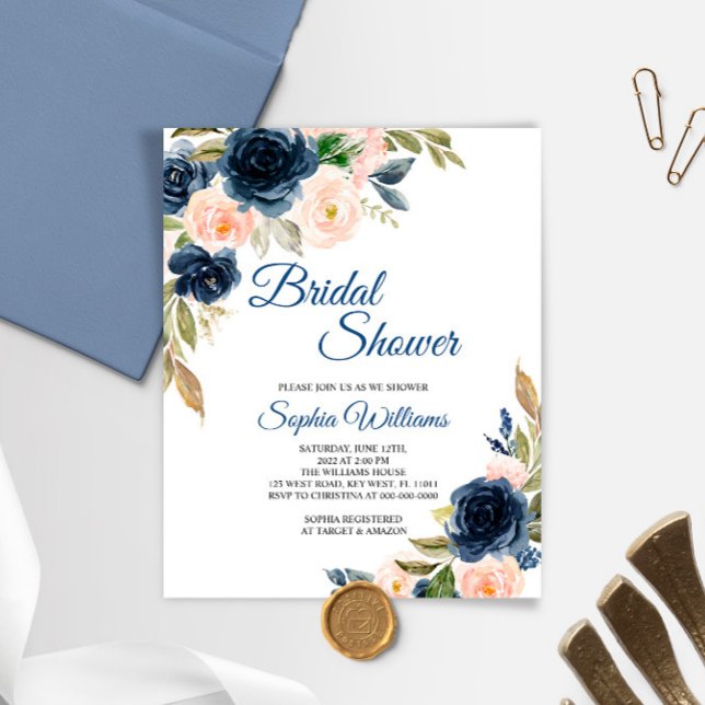 Invitation de mariage floral rose et Navy Budget (Créateur téléchargé)