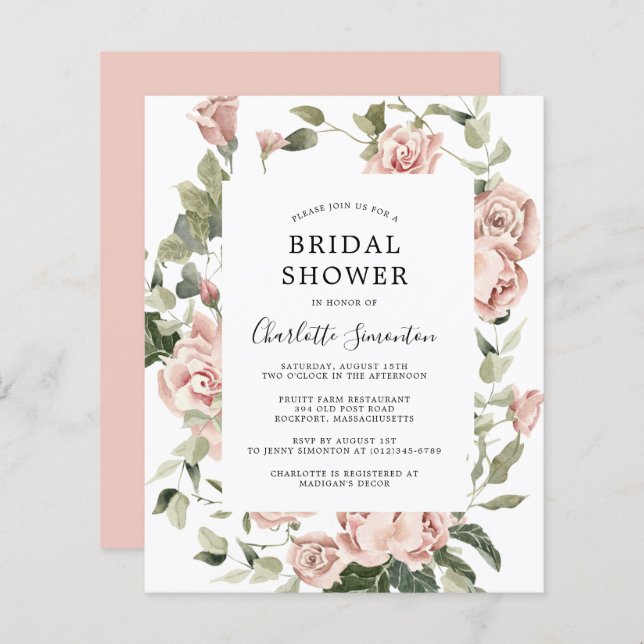 Invitation de mariage floral rose pastel Budget (Devant / Derrière)