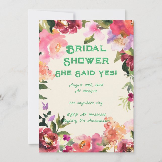 Invitation de mariage floral rose pour une baby sh (Devant)