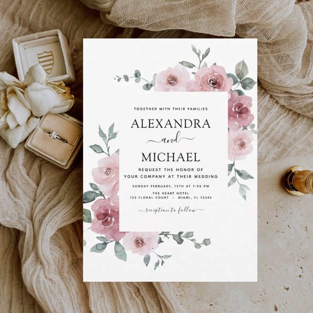 Invitation de mariage Floral Rose Poussiéreux et V (Créateur téléchargé)