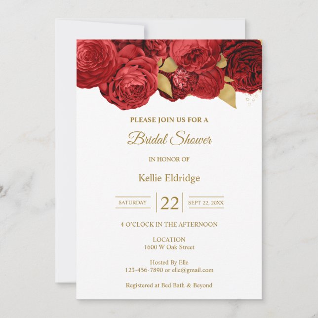 Invitation de mariage floral rouge et or (Devant)