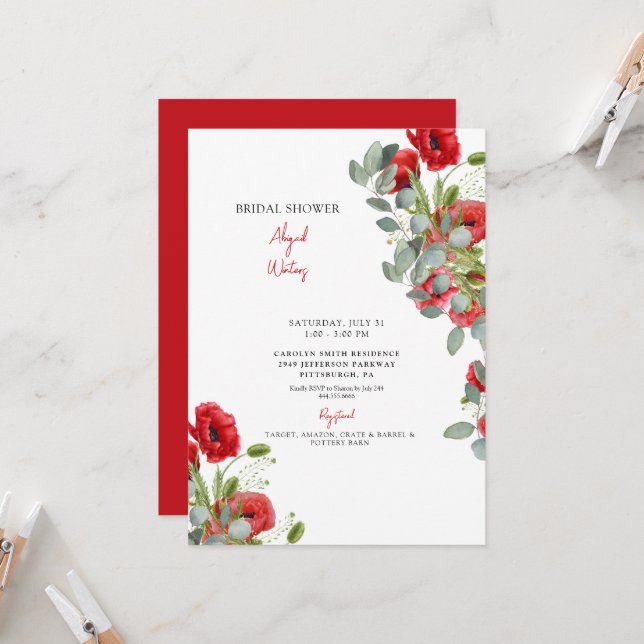 Invitation de mariage floral rouge eucalyptus vibr (Devant/Arrière en situation)