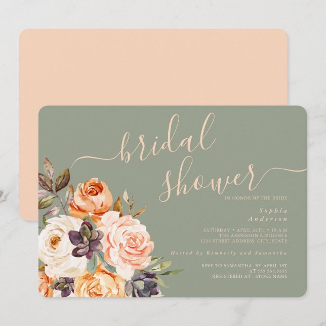 Invitation de mariage floral sauge pêche (Devant / Derrière)