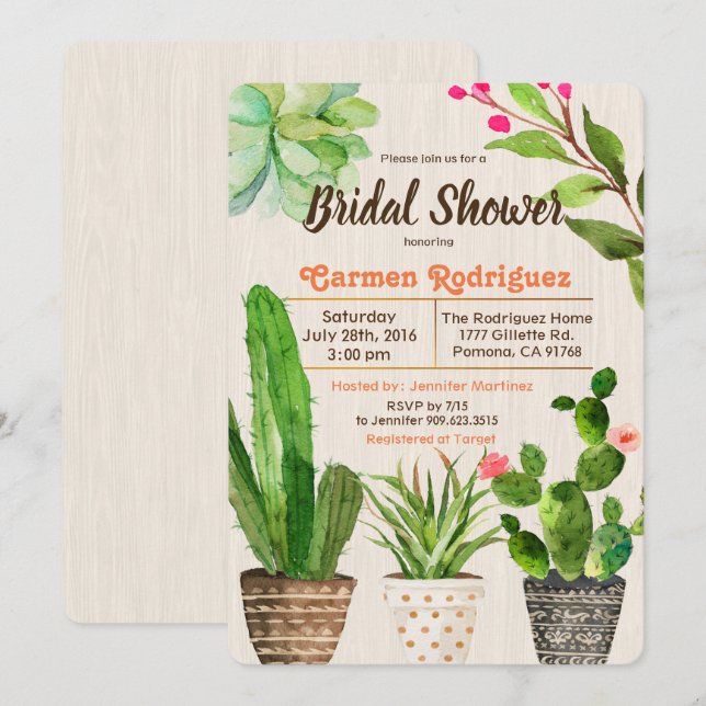 Invitation de mariage floral succulent cactus (Devant / Derrière)
