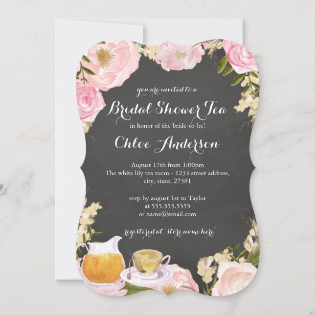 Invitation de mariage Floral Teacup Chalkboard (Devant)