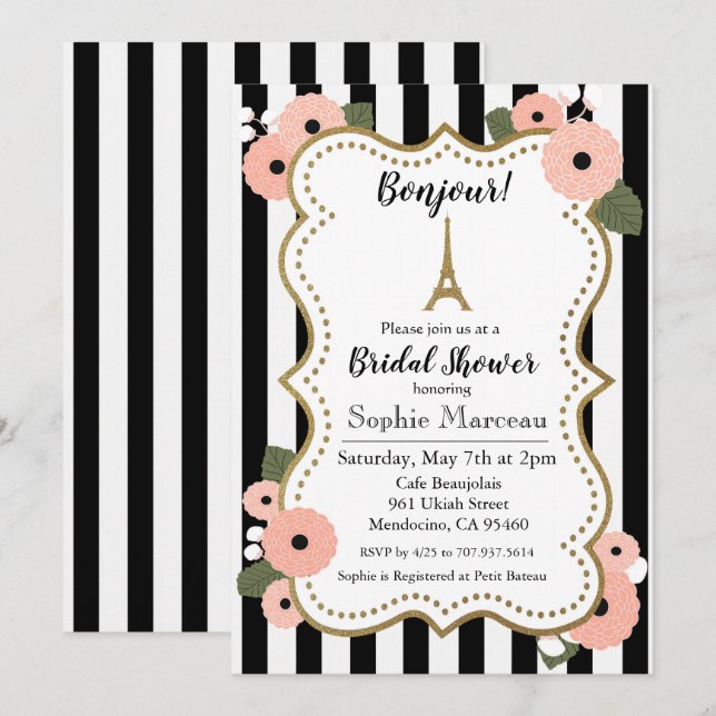 Invitation de mariage floral Tour Eiffel de Paris (Devant / Derrière)