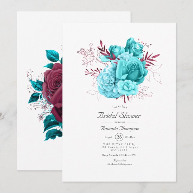 Invitation de mariage floral turquoise et burgundy (Devant / Derrière)