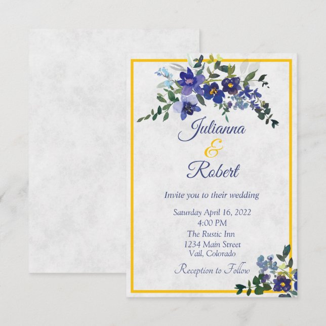 Invitation de mariage florale à l'aquarelle bleue  (Devant / Derrière)