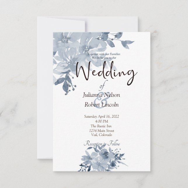 Invitation de mariage florale à l'aquarelle bleue (Devant)