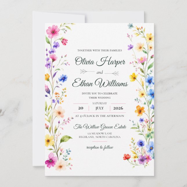 Invitation de mariage florale à l'aquarelle élégan (Devant)