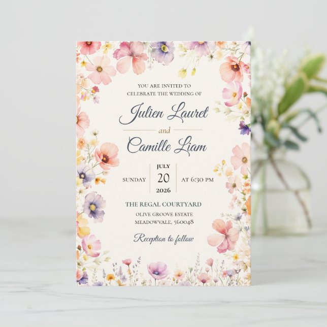 Invitation de mariage florale à l'aquarelle élégan (Debout devant)