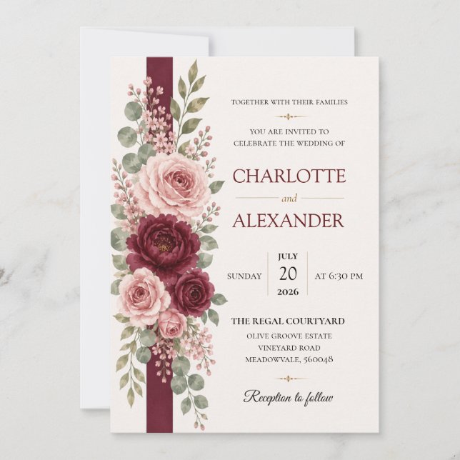 Invitation de mariage florale à l'aquarelle élégan (Devant)