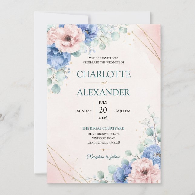 Invitation de mariage florale à l'aquarelle élégan (Devant)