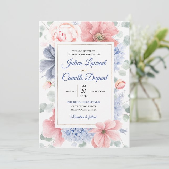 Invitation de mariage florale à l'aquarelle élégan (Debout devant)