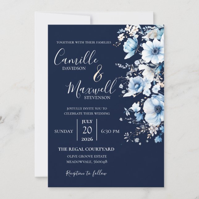 Invitation de mariage florale à l'aquarelle élégan (Devant)