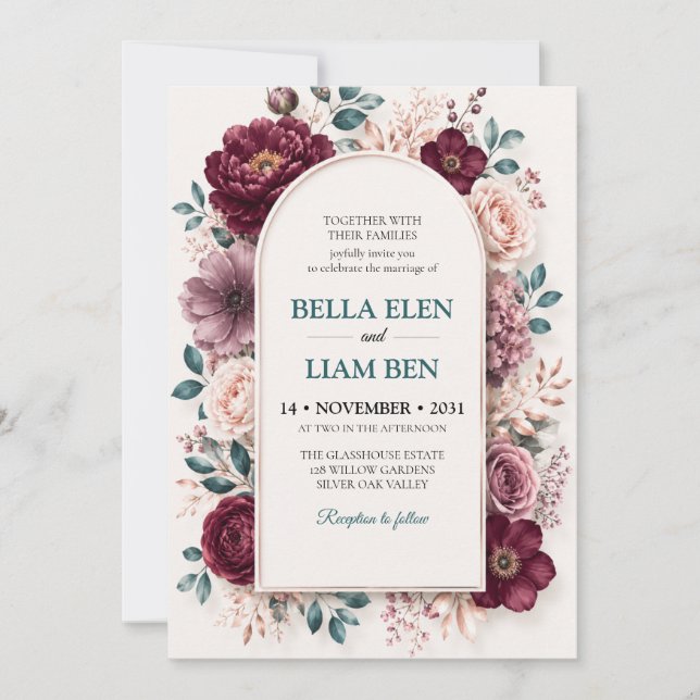 Invitation de mariage florale à l'aquarelle élégan (Devant)