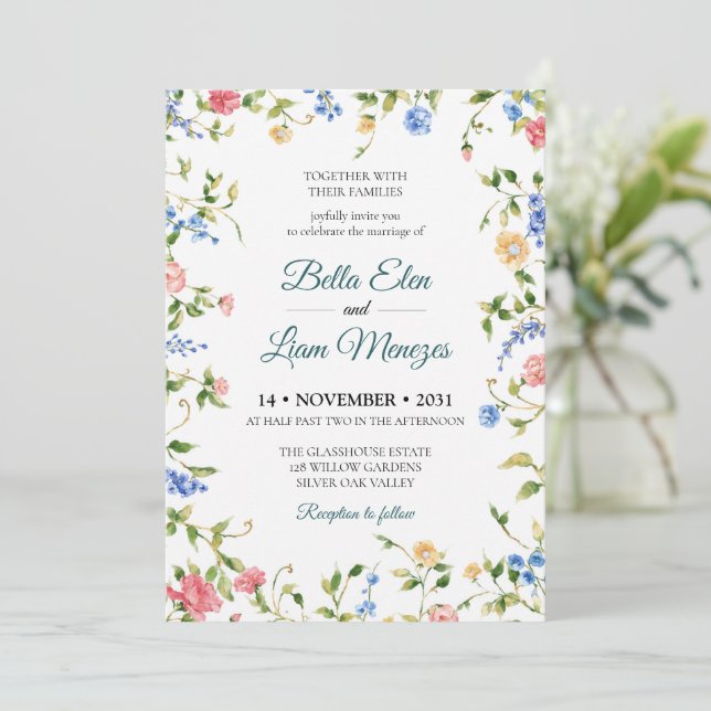 Invitation de mariage florale à l'aquarelle élégan (Debout devant)